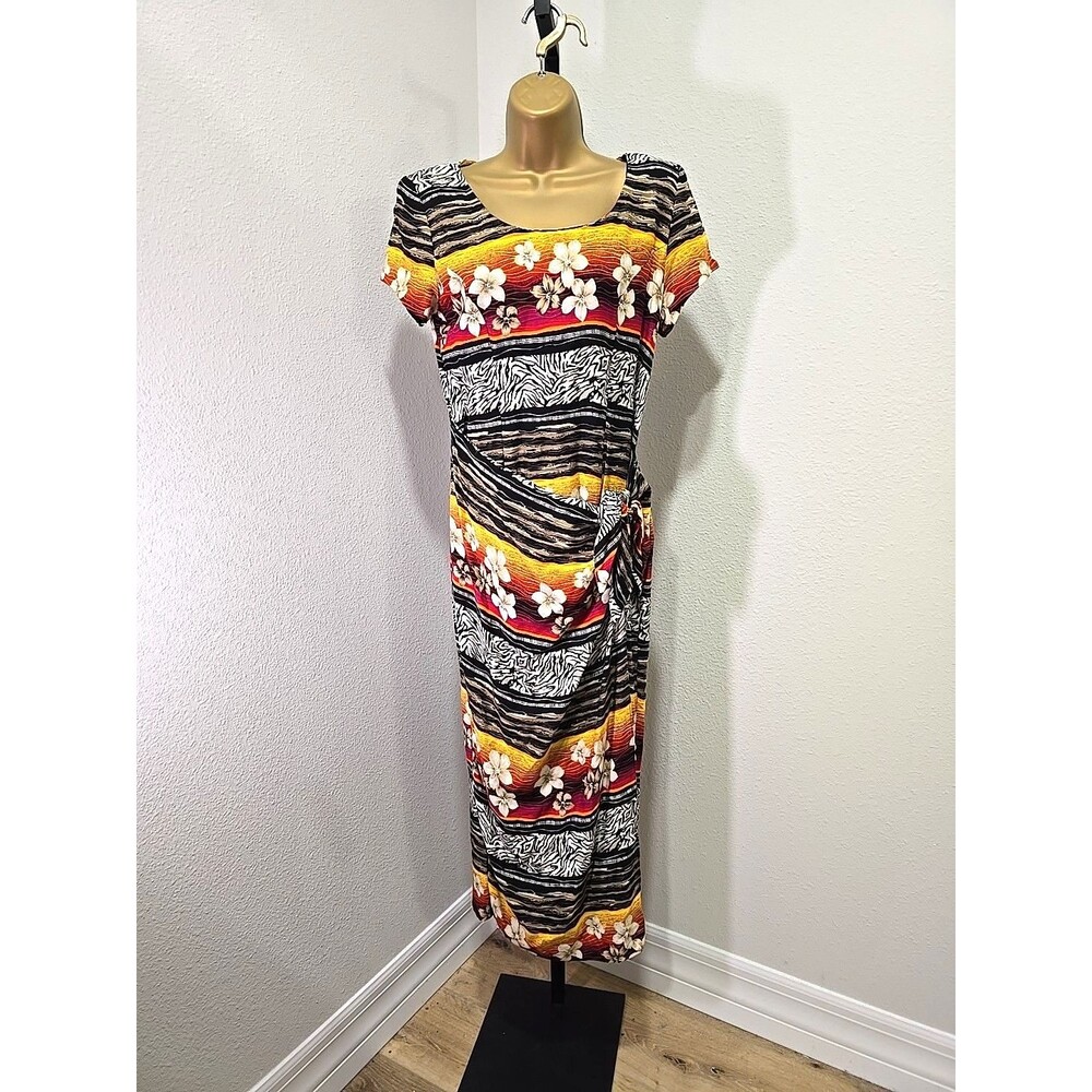 Vtg 90s Wrap Floral Dress 6 Midi Tie Tropical Colorful Boho Chic Resort Travel